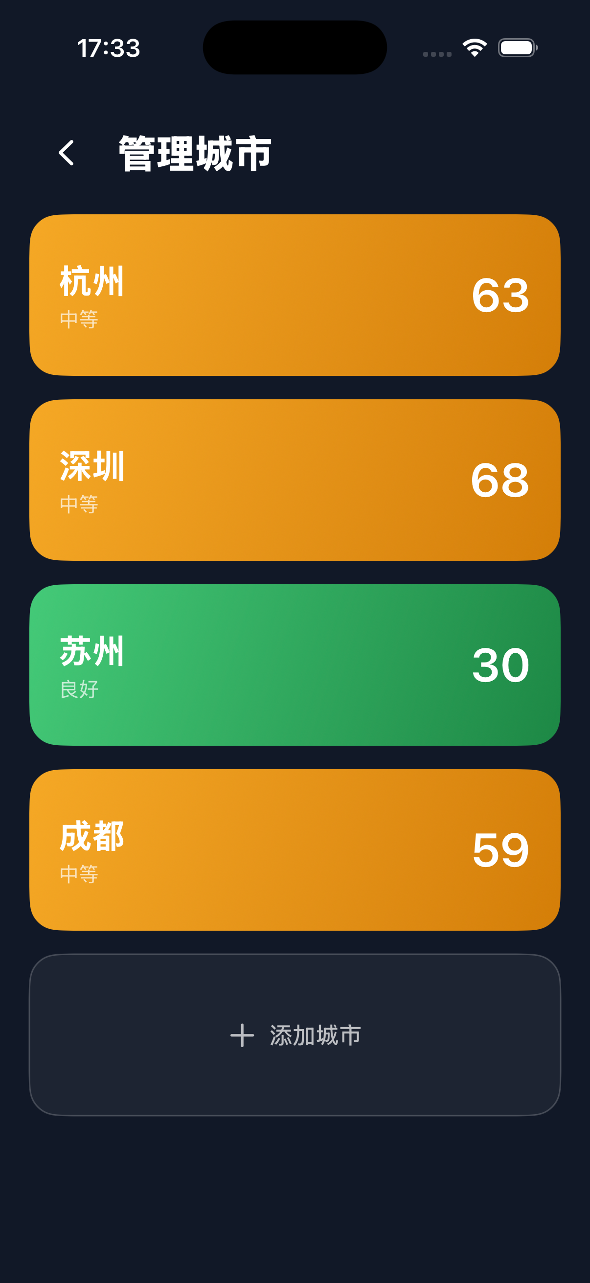 City management screen listing multiple cities with their AQI values